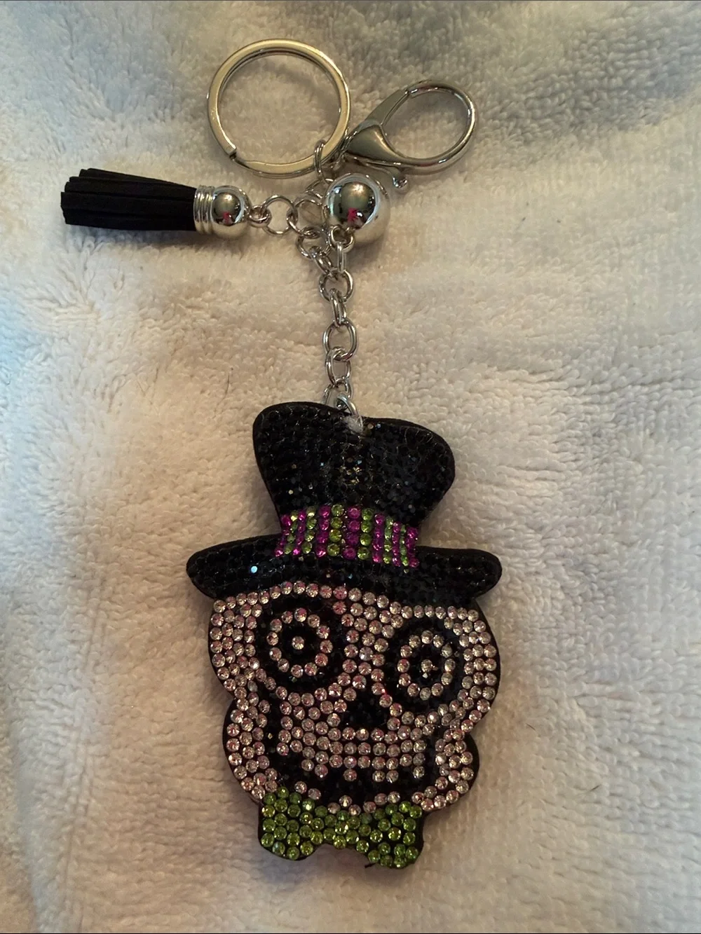 Rhinestone Skull Keychain with Black Top Hat and Green Bow - Bag Charm Halloween